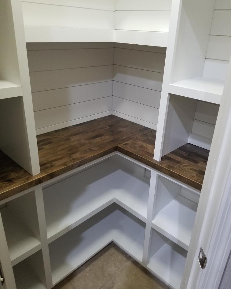 Pantry with custom sized shelves, shiplap and Butcherblock top built by Crafted Palm